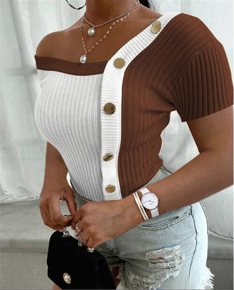 One Word Collar Contrast Color Stitching Pit Strip Short Sleeves