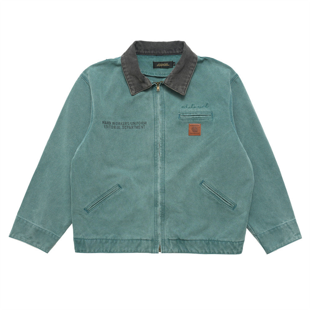 Color Stitching Turnover Neck Zipper Men's Spring And Autumn Loose Casual Canvas Workwear Denim Jacket