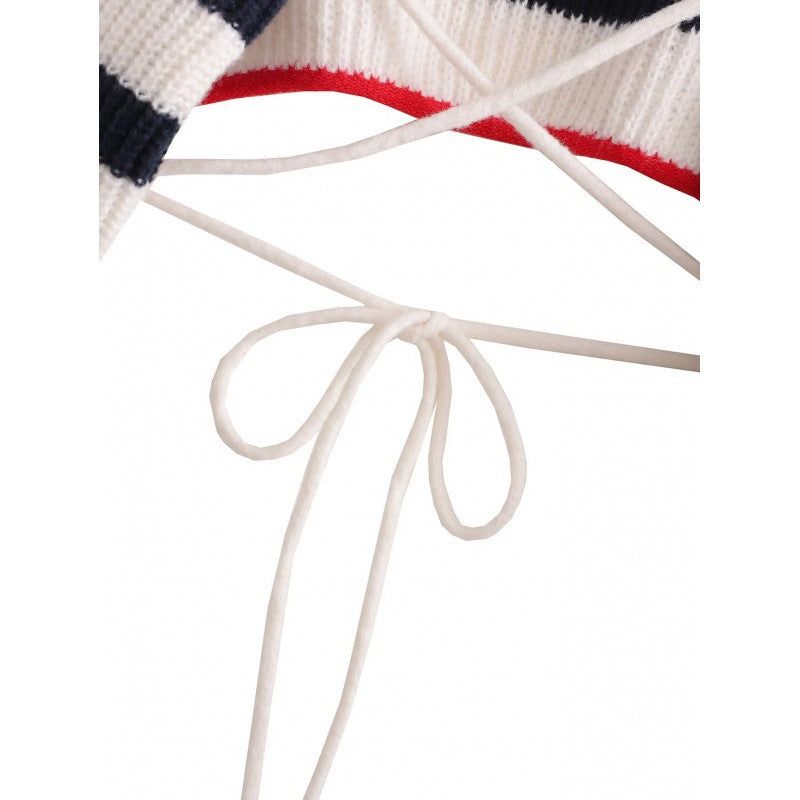 European And American Short Backless Striped Lace-up Knitted Top