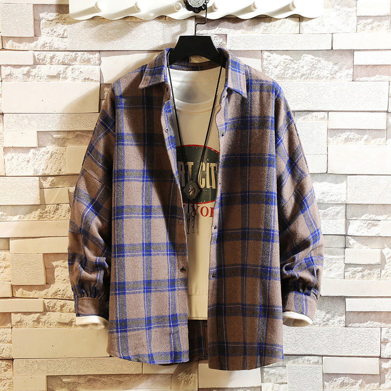 Casual Plus Size Neutral Loose Woolen Plaid Long-sleeved Shirt