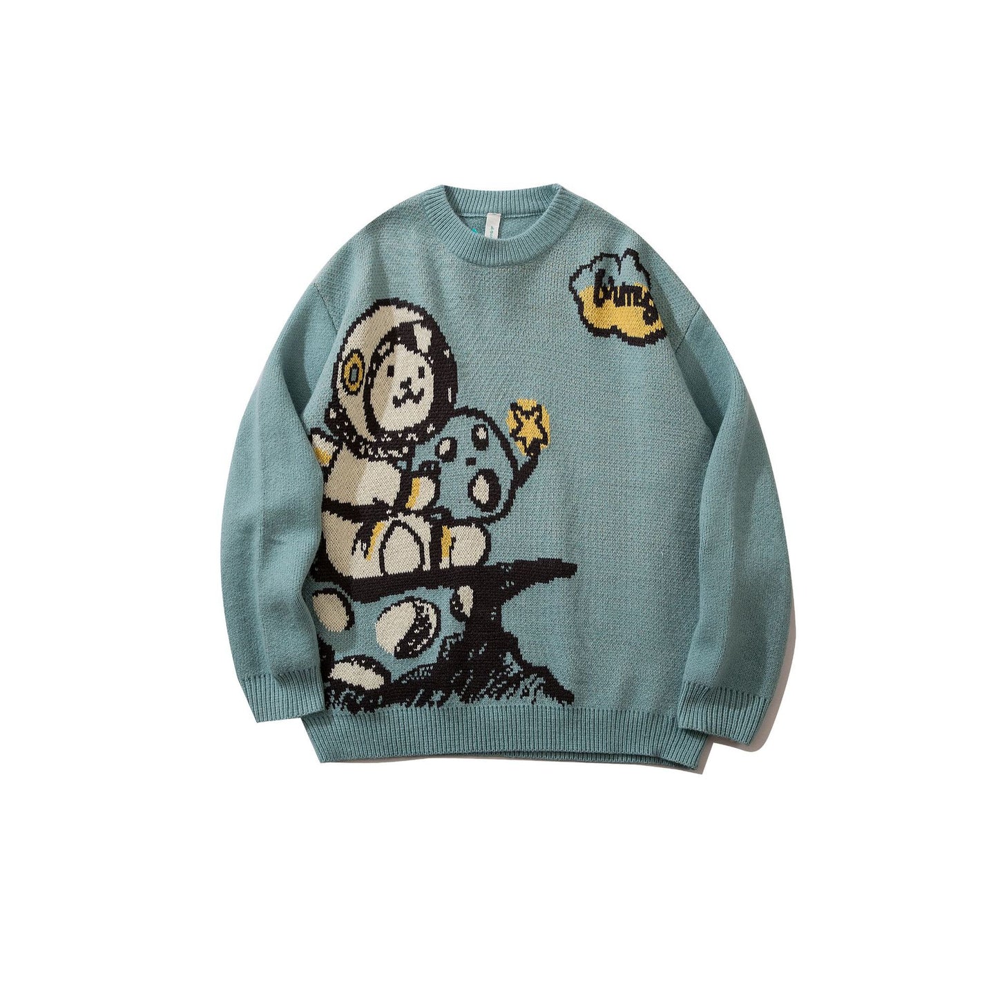 Retro Cartoon Jacquard Round Neck Sweater Loose Casual