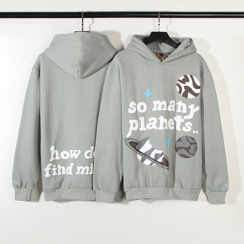 Letter Star Print Loose Hooded Pullover Sweater