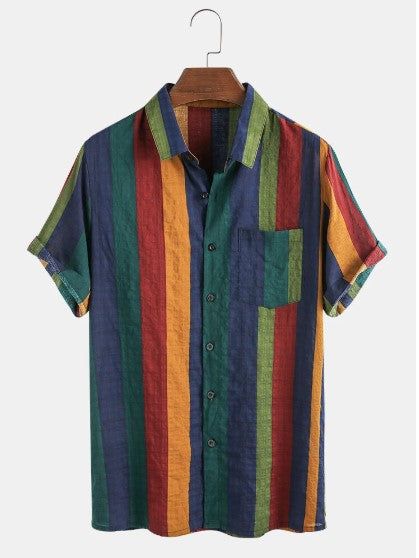 Men's Thin And Breathable Cotton Colorful Stripes Holiday Short Sleeve Shirt