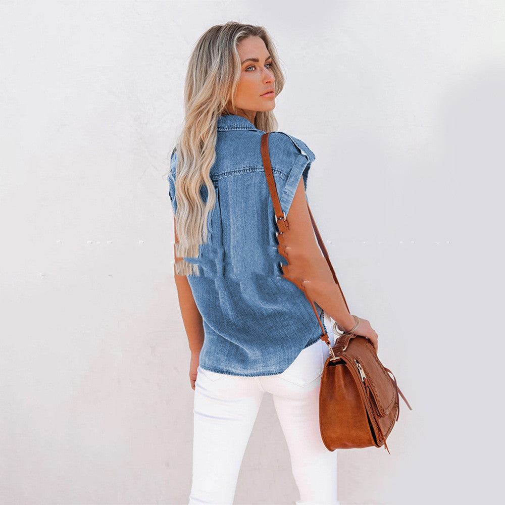 Short-sleeved Denim Shirt Lapel Loose