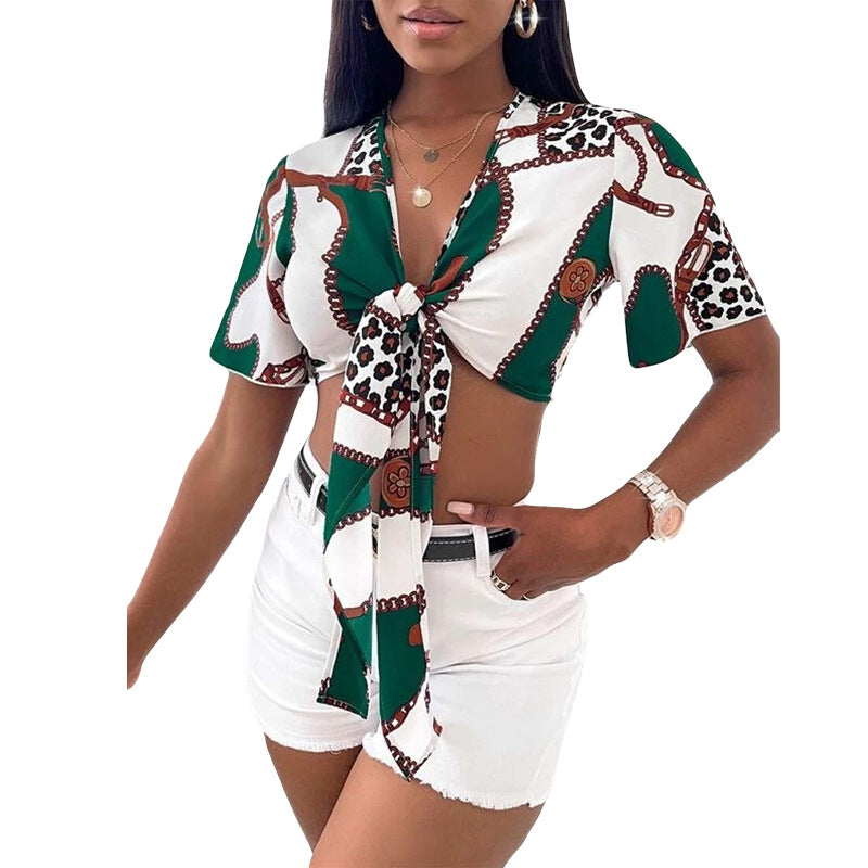 Women's Shirt Bow Tied Shirt Summer Short Sleeve Printed Top