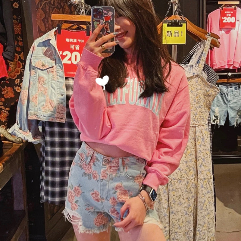 Rose Flower Print High Waist Wide Leg Denim Shorts Women