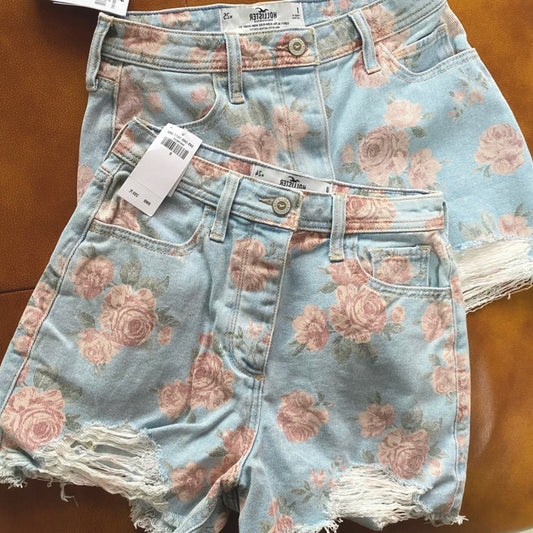 Rose Flower Print High Waist Wide Leg Denim Shorts Women