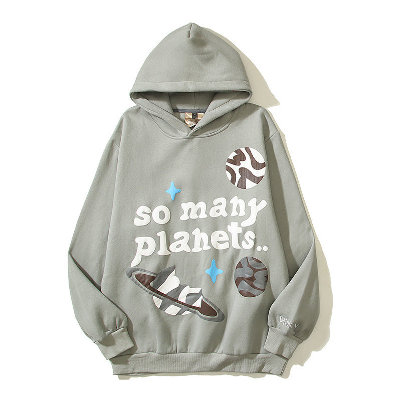 Letter Star Print Loose Hooded Pullover Sweater