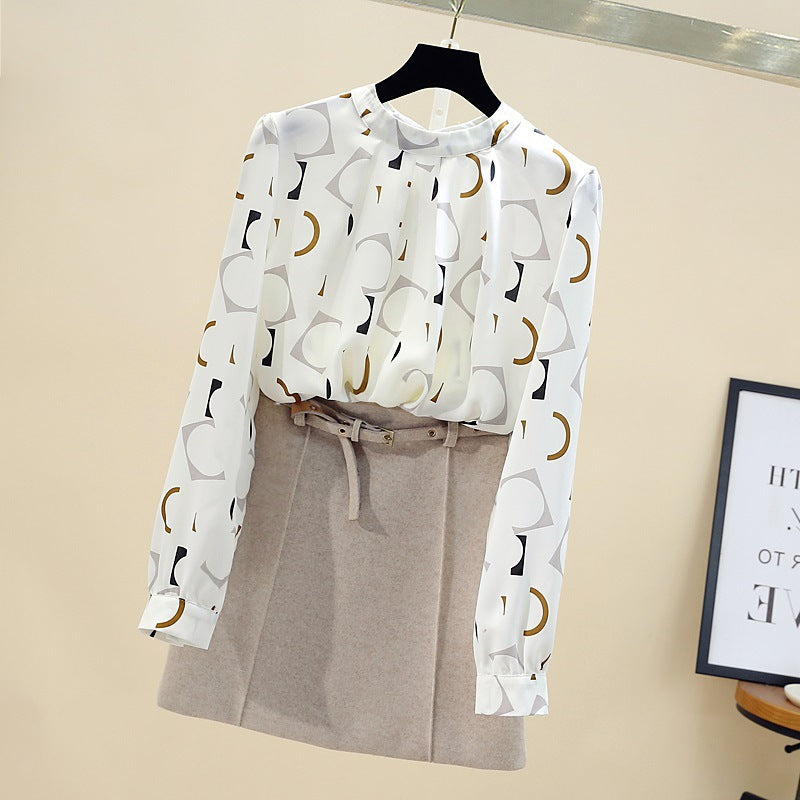 White Bottoming Printed Fashionable Long Sleeve Chiffon Shirt