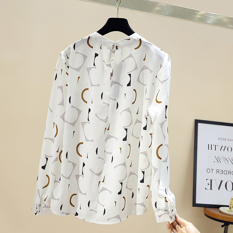 White Bottoming Printed Fashionable Long Sleeve Chiffon Shirt