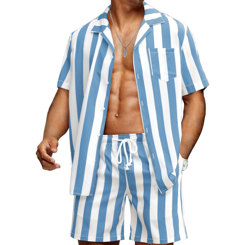 Men's Fashion Casual Striped Printed Short Sleeve Shirt Shorts Suit