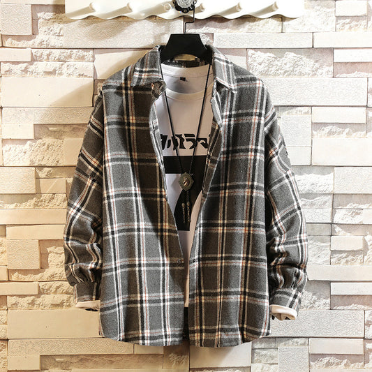 Casual Plus Size Neutral Loose Woolen Plaid Long-sleeved Shirt