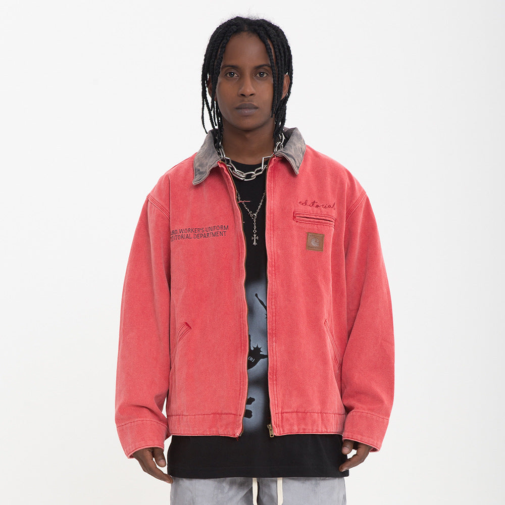 Color Stitching Turnover Neck Zipper Men's Spring And Autumn Loose Casual Canvas Workwear Denim Jacket