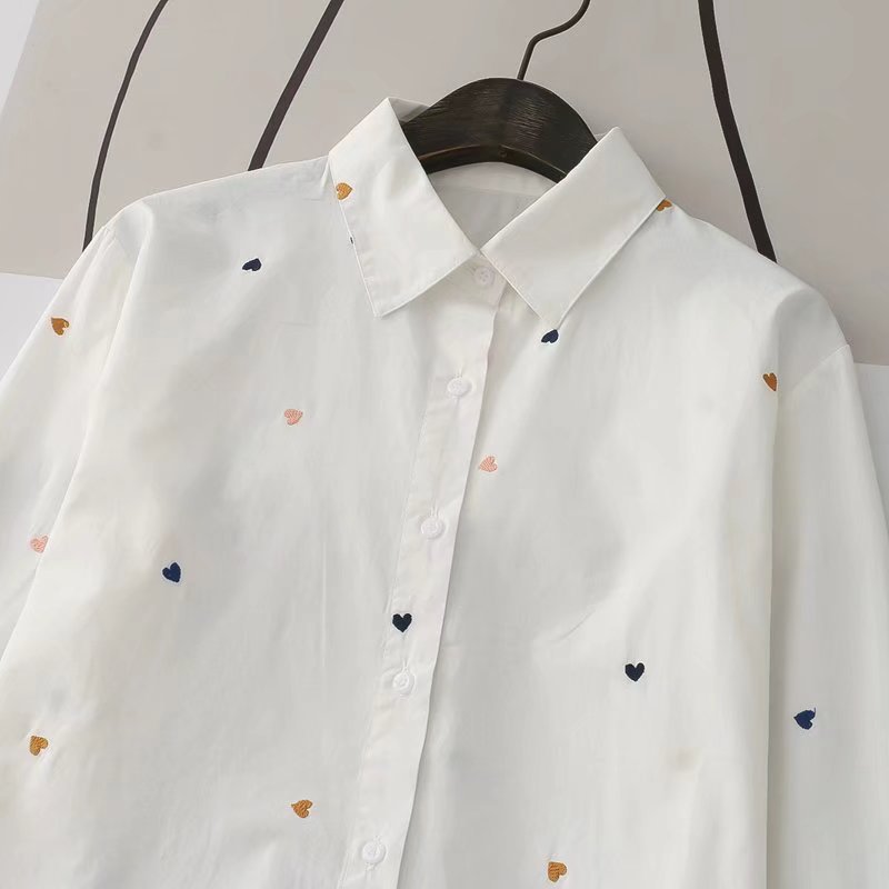 Love Embroidered Cardigan White Shirt Loose Lapels Women's Shirt