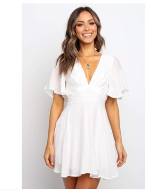 V-neck ruffled sleeve solid color dress