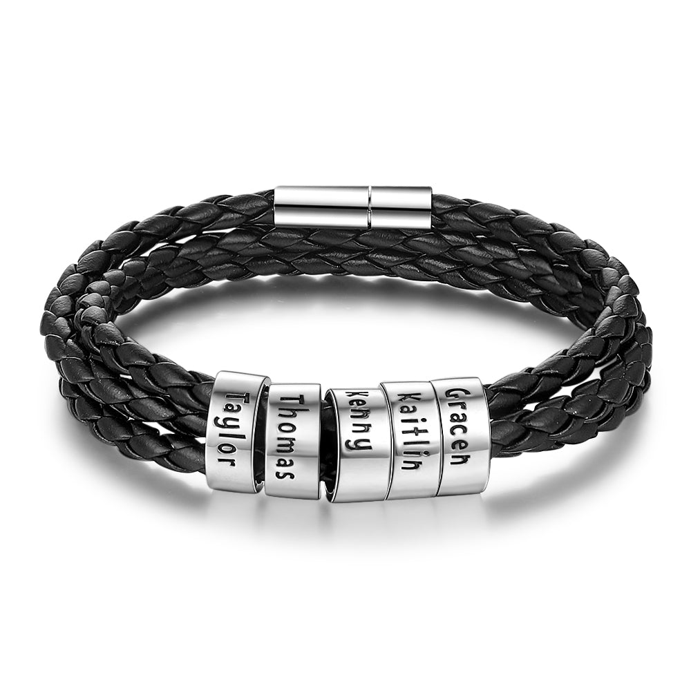 Personalized Mens Braided Genuine Leather Bracelet Stainless Steel Custom Beads Name Charm Bracelet For Men With Family Names