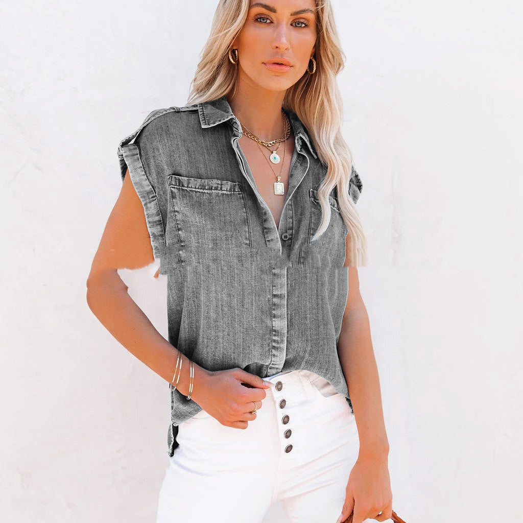 Short-sleeved Denim Shirt Lapel Loose