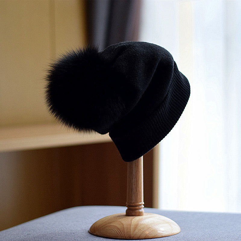 Fox Fur Ball Double-layer Warm Padded Knitted Hat