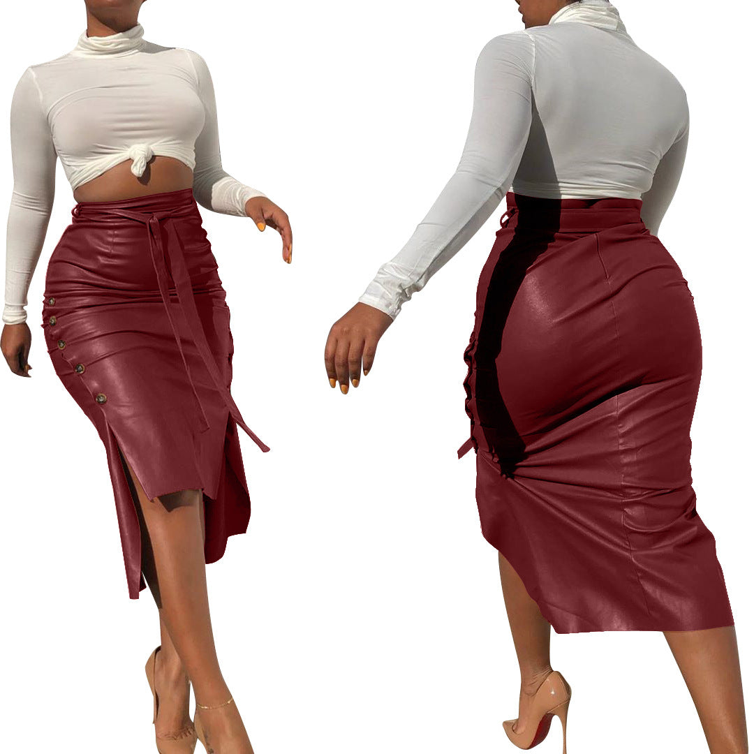 European And American Women's Clothing Sexy Slit Mid-length Slim-fit Lace Up Skirt