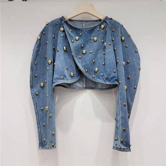 Design Sense Heavy Industry Fashion Wire Nail Rivet Puff Sleeve Cropped Denim Top