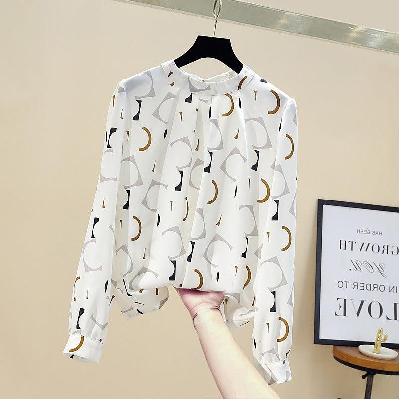 White Bottoming Printed Fashionable Long Sleeve Chiffon Shirt