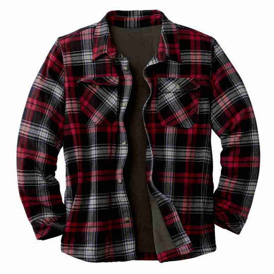 New Patch Pocket Plaid Shirt Long Sleeve Loose Plus Velvet