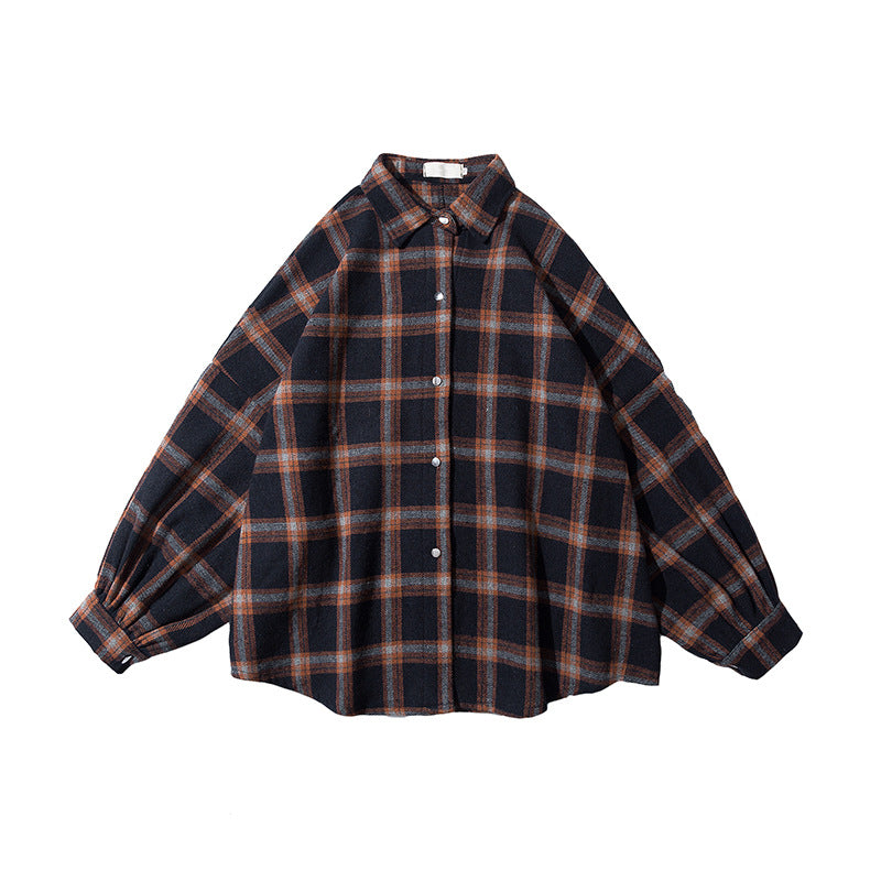 Casual Plus Size Neutral Loose Woolen Plaid Long-sleeved Shirt