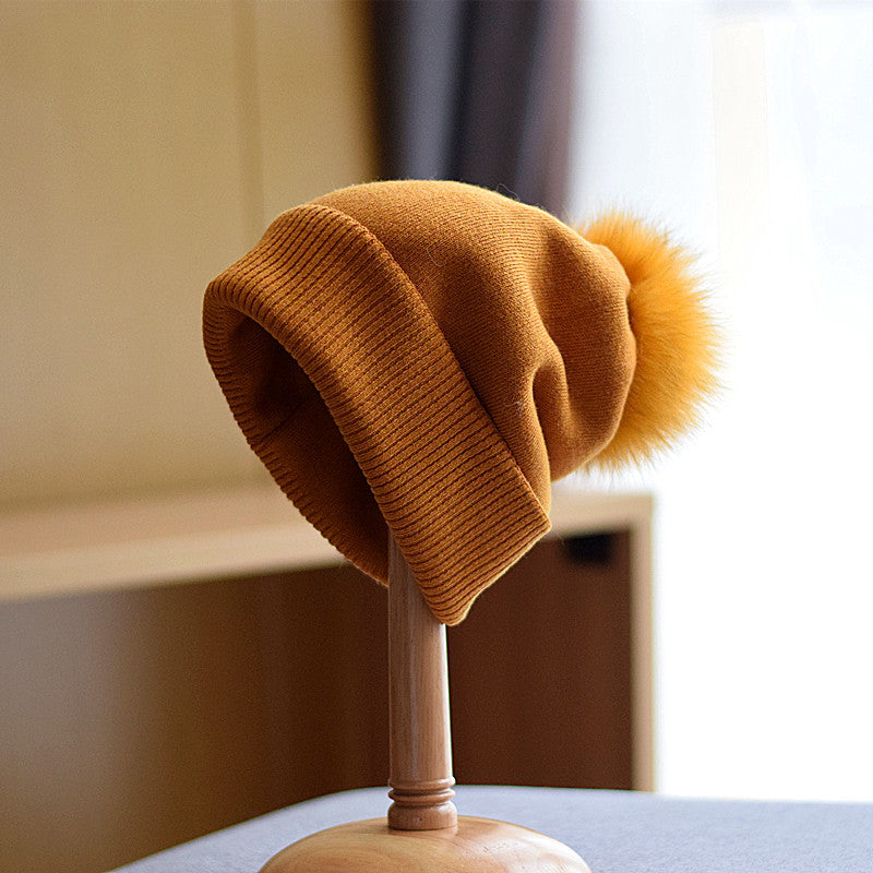 Fox Fur Ball Double-layer Warm Padded Knitted Hat