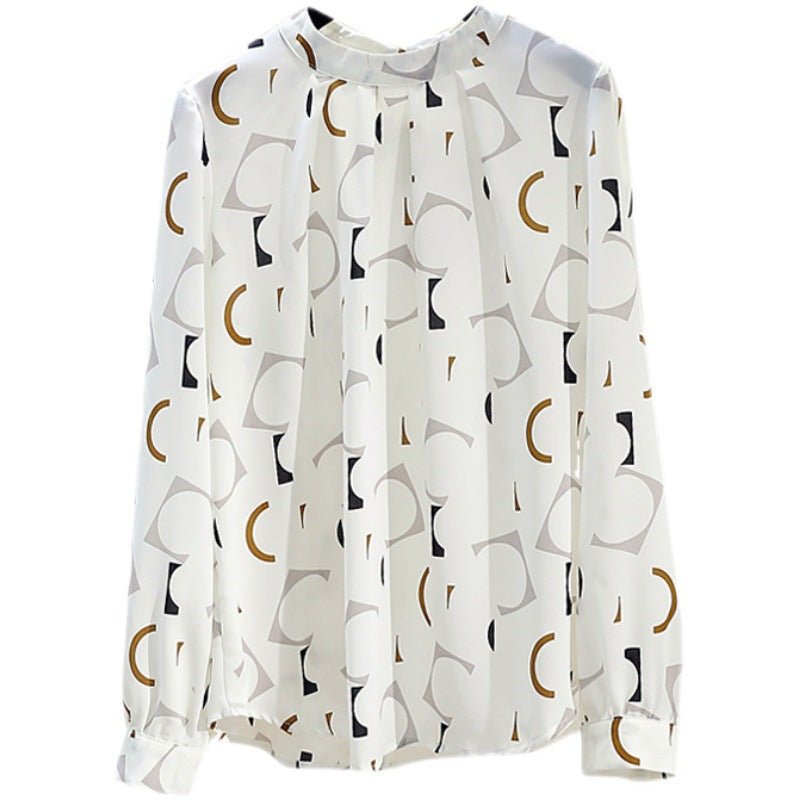 White Bottoming Printed Fashionable Long Sleeve Chiffon Shirt