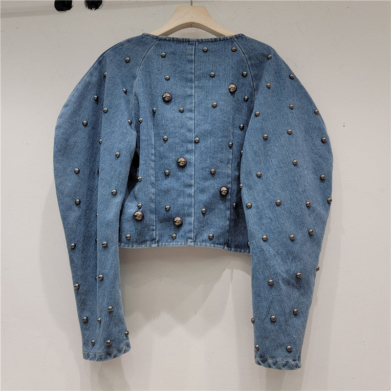 Design Sense Heavy Industry Fashion Wire Nail Rivet Puff Sleeve Cropped Denim Top