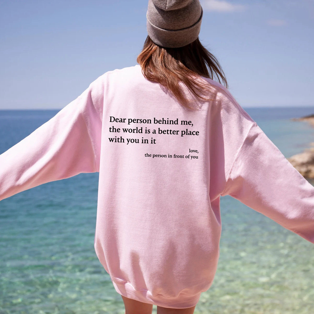 Women's Fleece-lined Crew Neck Sweater Plain Slogan Printing Simple And Comfortable Solid Color