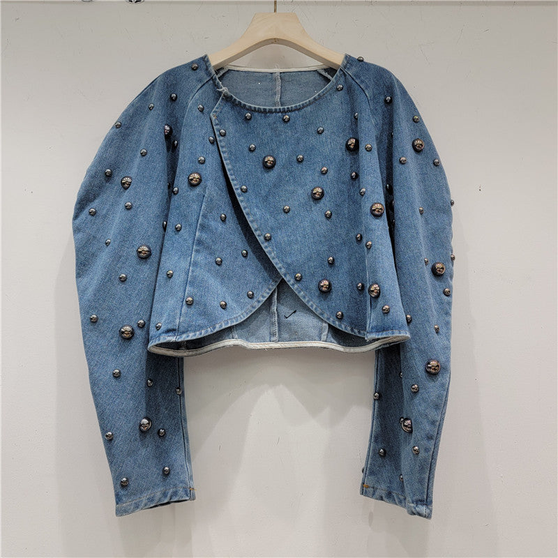 Design Sense Heavy Industry Fashion Wire Nail Rivet Puff Sleeve Cropped Denim Top