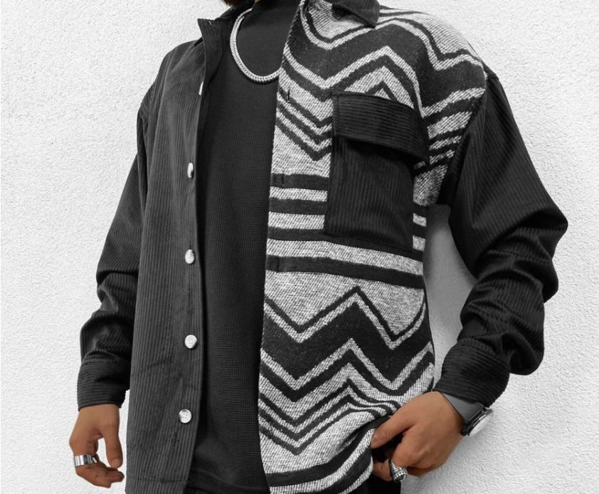 Men's Print Contrasting Lapel Long Sleeve Shirt