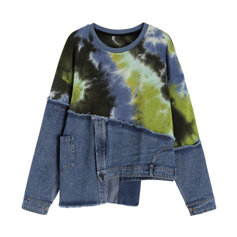 Personalized Color Tie-dye Loose Denim Stitching Long-sleeved Sweater Ins