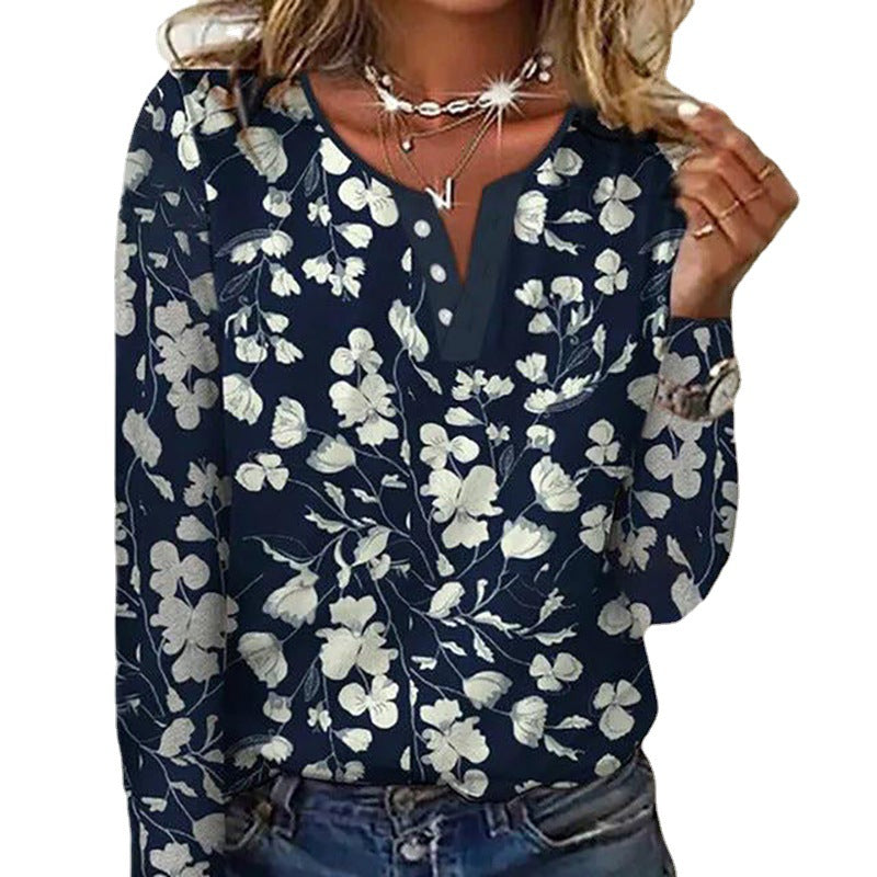 Loose Long Sleeve Floral Round Neck Button T-shirt For Women