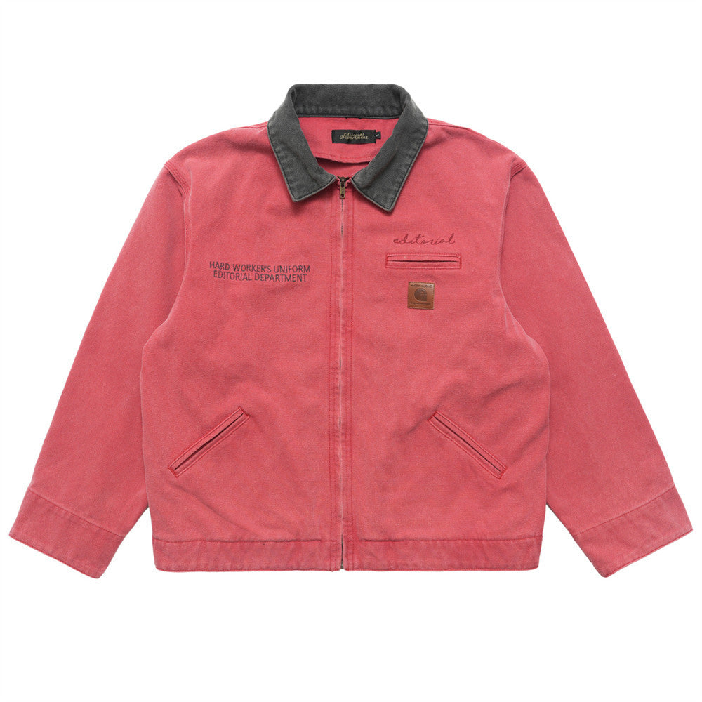 Color Stitching Turnover Neck Zipper Men's Spring And Autumn Loose Casual Canvas Workwear Denim Jacket
