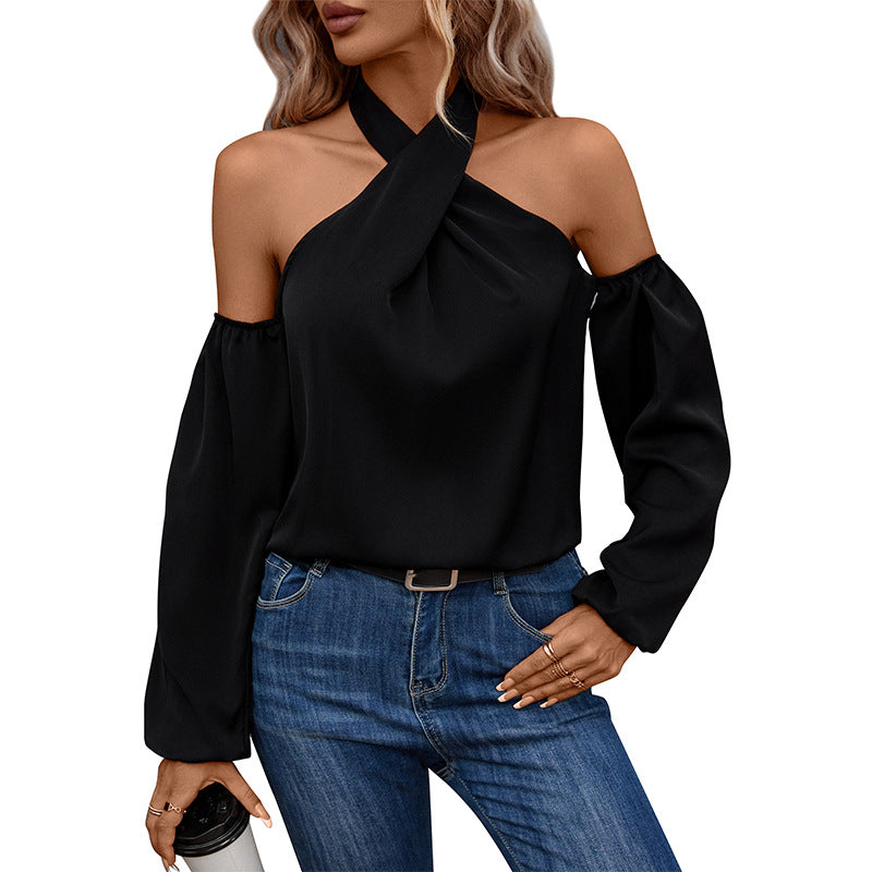 New Fall Women's Clothing Solid Color Off-the-shoulder Long Sleeve Shirt