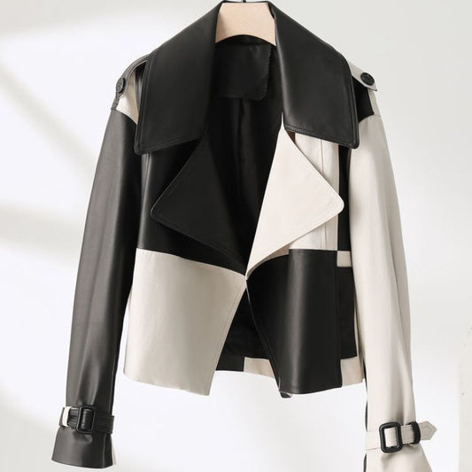 Soft PU Leather Jacket Splicing Coat Loose Western Style Jacket