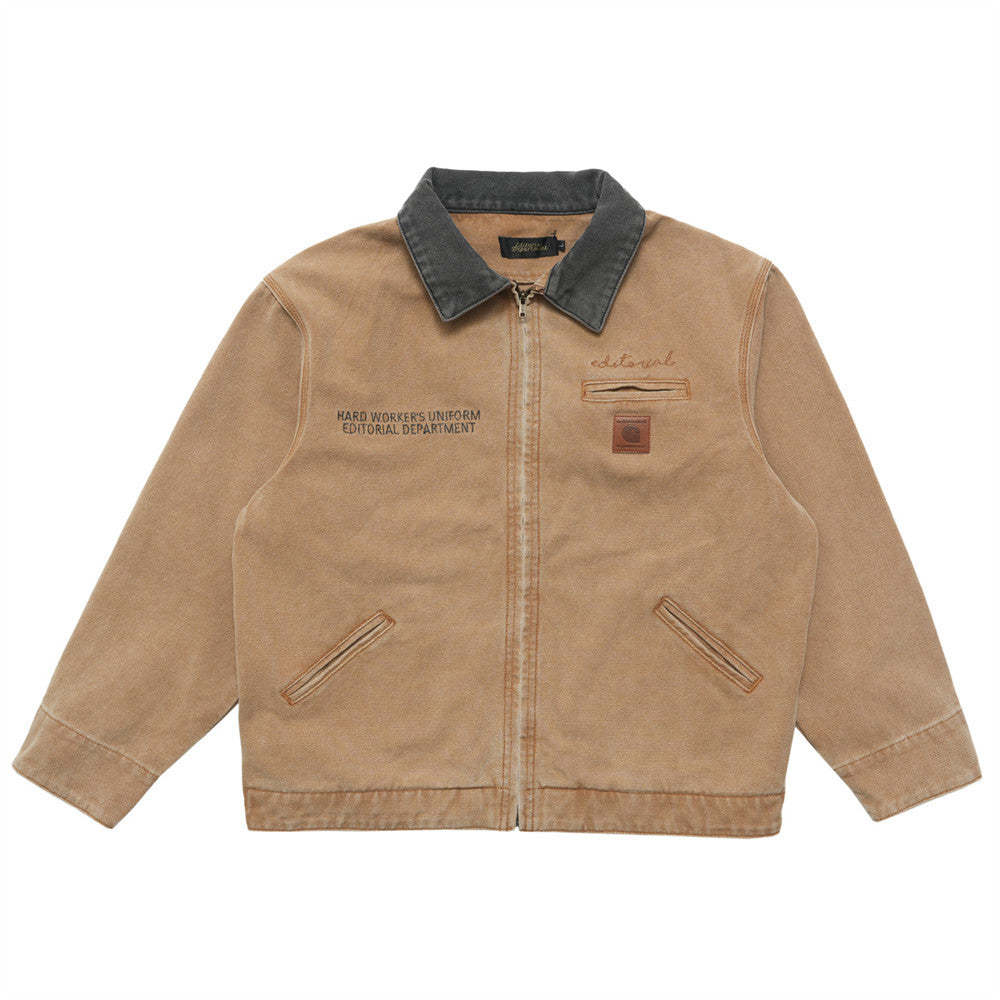 Color Stitching Turnover Neck Zipper Men's Spring And Autumn Loose Casual Canvas Workwear Denim Jacket
