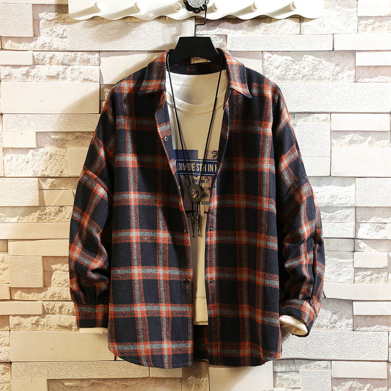Casual Plus Size Neutral Loose Woolen Plaid Long-sleeved Shirt