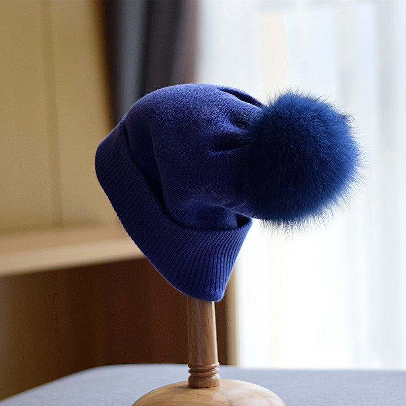 Fox Fur Ball Double-layer Warm Padded Knitted Hat