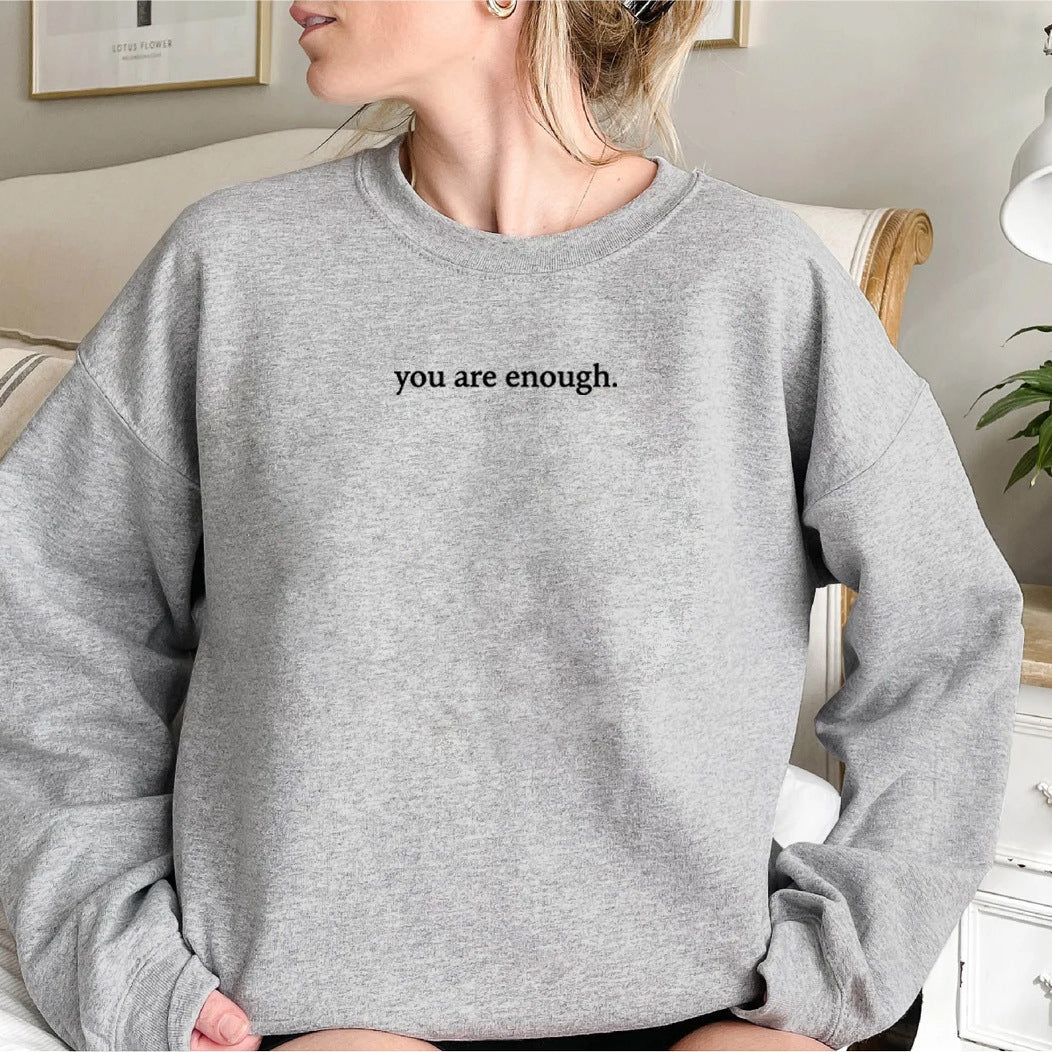 Women's Fleece-lined Crew Neck Sweater Plain Slogan Printing Simple And Comfortable Solid Color