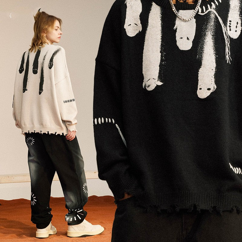 CREW NECK KNIT Collar Fringe Printed Wool Top