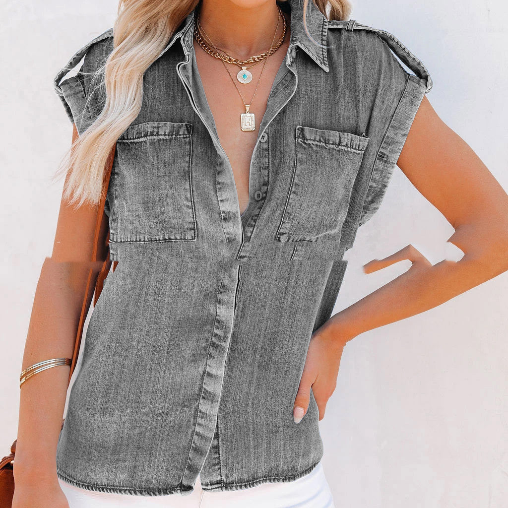 Short-sleeved Denim Shirt Lapel Loose