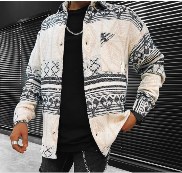 Men's Print Contrasting Lapel Long Sleeve Shirt