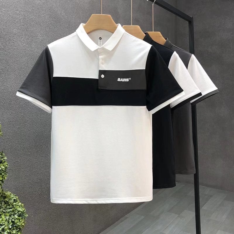 Trend Stitching Contrast Color Polo Shirt Men's Short Sleeves