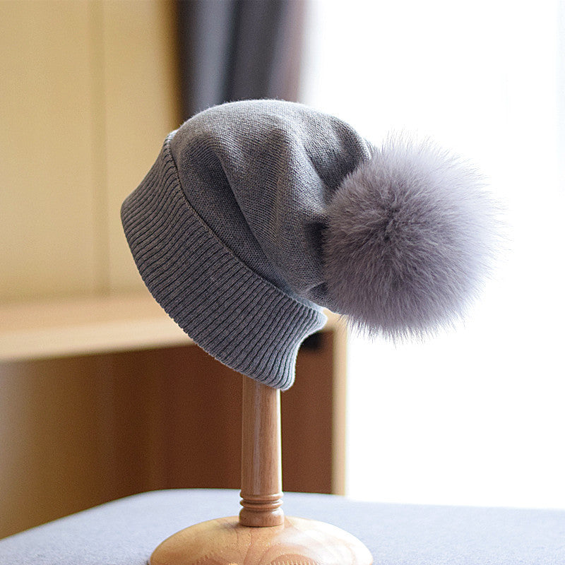 Fox Fur Ball Double-layer Warm Padded Knitted Hat