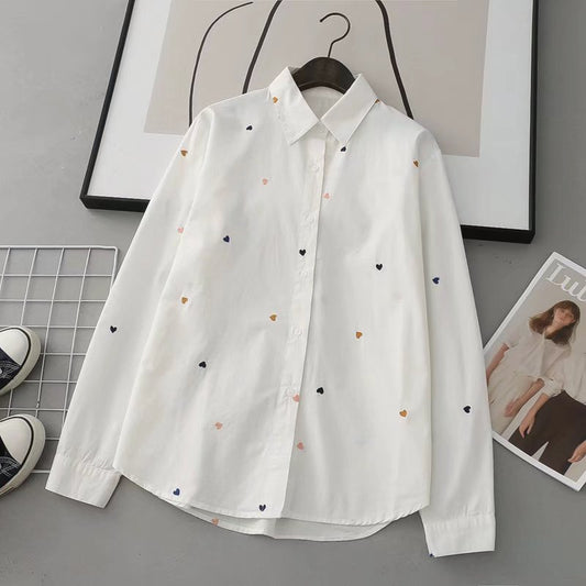 Love Embroidered Cardigan White Shirt Loose Lapels Women's Shirt