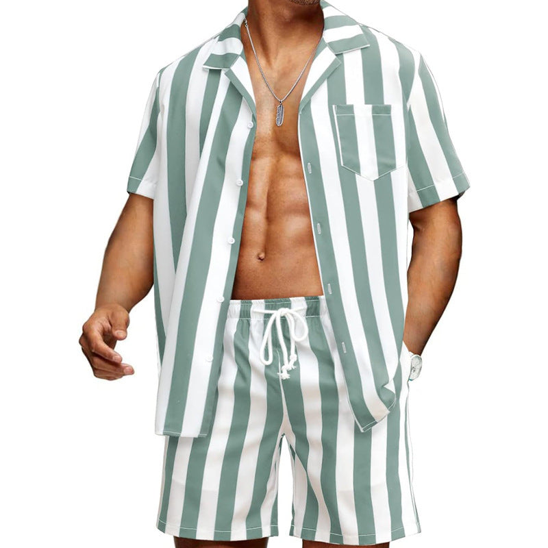 Men's Fashion Casual Striped Printed Short Sleeve Shirt Shorts Suit