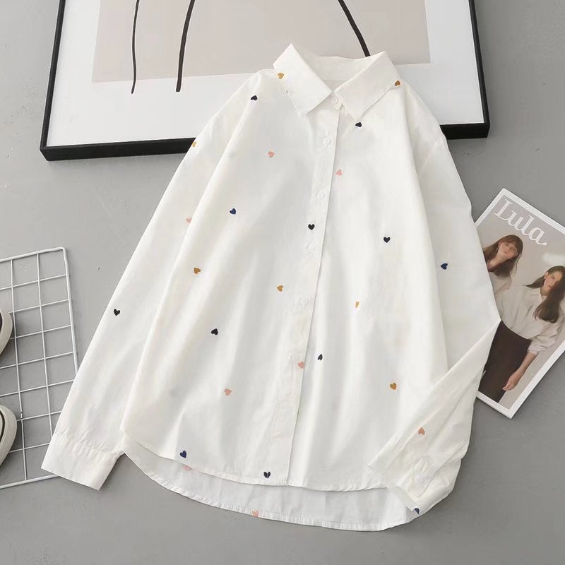 Love Embroidered Cardigan White Shirt Loose Lapels Women's Shirt